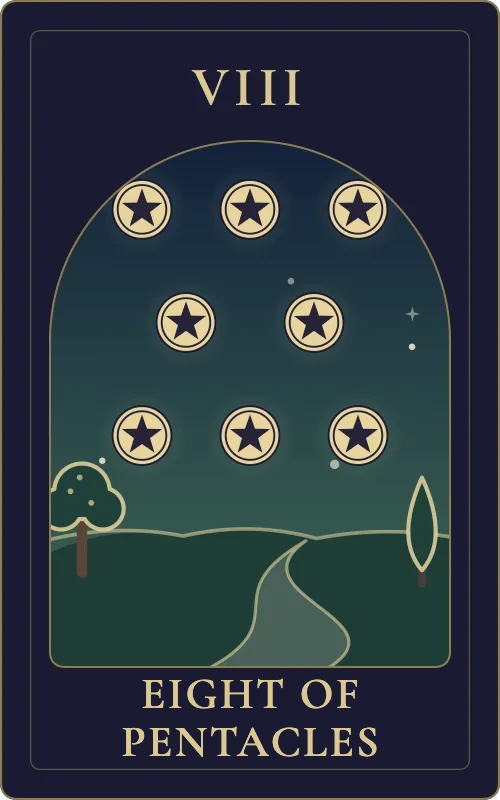 Eight of Pentacles from the Phyra Classic tarot deck