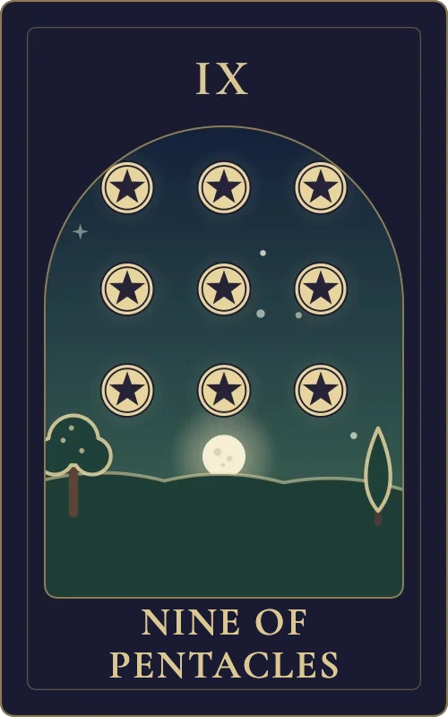 Nine of Pentacles from the Phyra Classic tarot deck