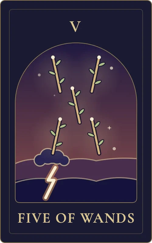 Five of Wands from the Phyra Classic tarot deck