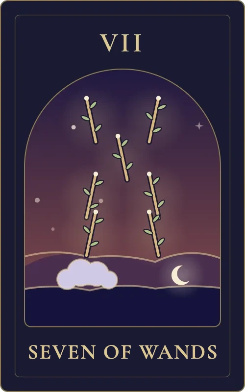 Seven of Wands from the Phyra Classic tarot deck