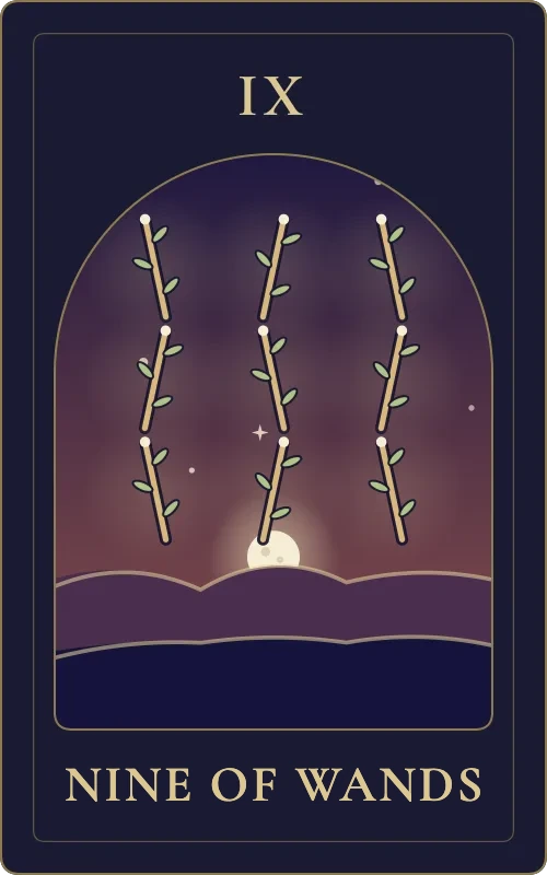 Nine of Wands from the Phyra Classic tarot deck